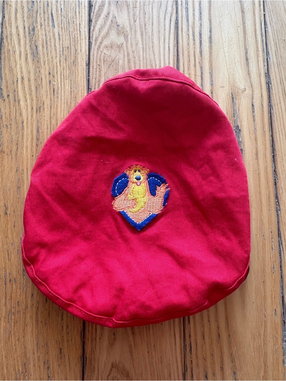 Red Bear in the big blue house hat